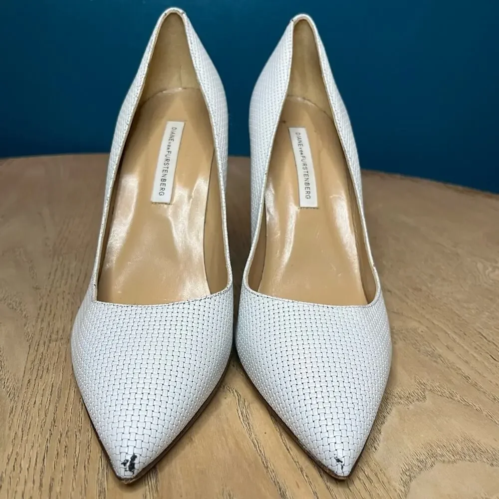 Diane Von Furstenberg White Woven Leather Heels Pointed Toe Pumps Women’s 8.5 - Picture 5 of 12